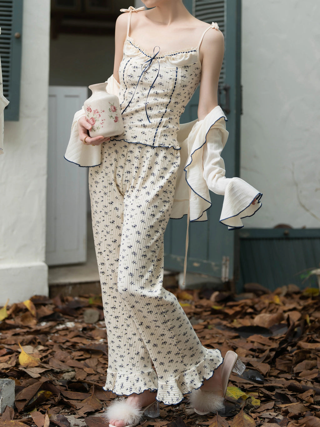 Navy Ribbon Floral Loungewear Set