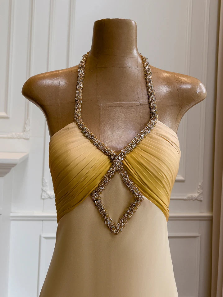 Golden Twilight Beaded Halter Dress