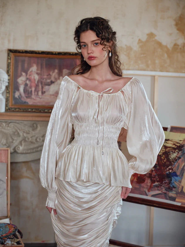 Pearl Ribbon Shirred Ivory Blouse