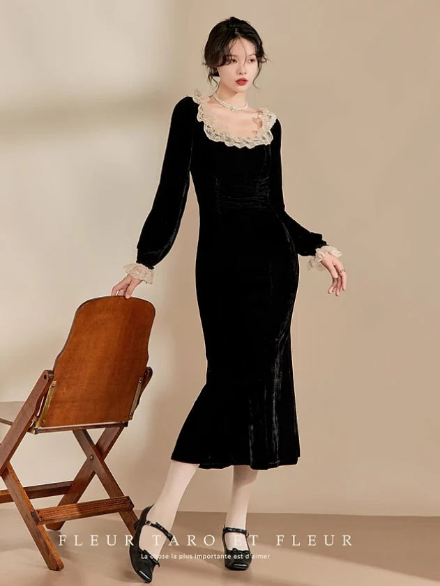 Vintage Noir Velvet Lace Dress