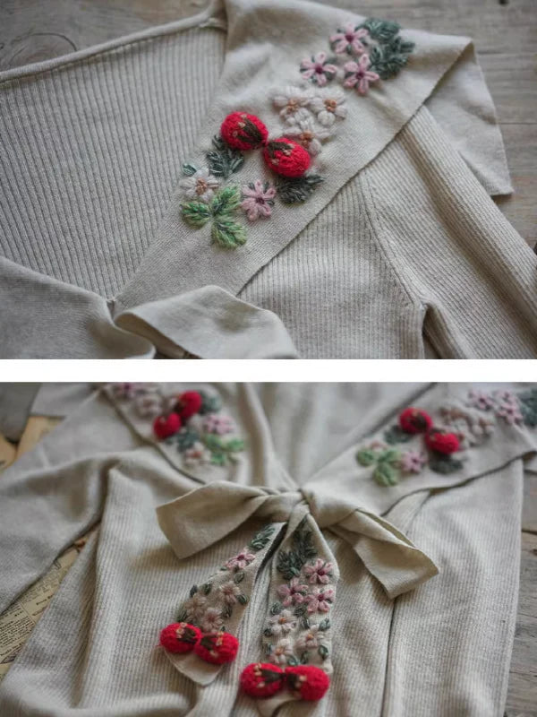 Retro Soft Knit with Floral Embroidery