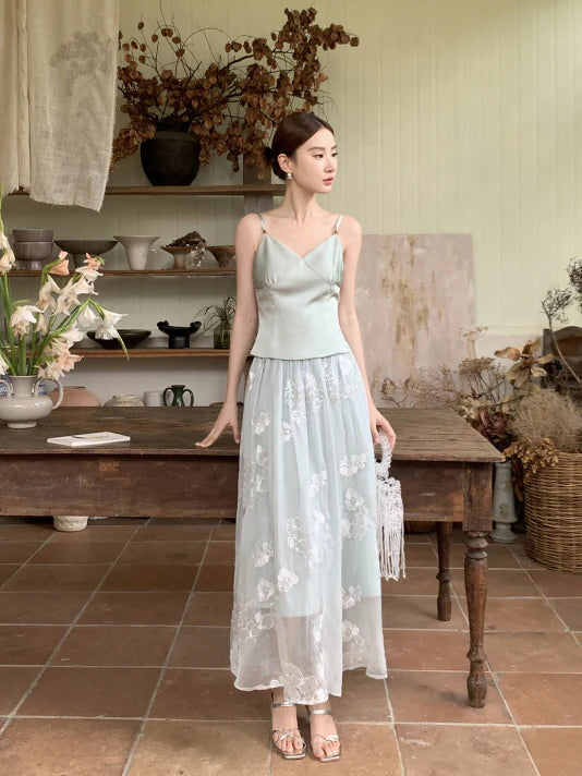 Whispering Petal Satin Top & Embroidered Tulle Skirt