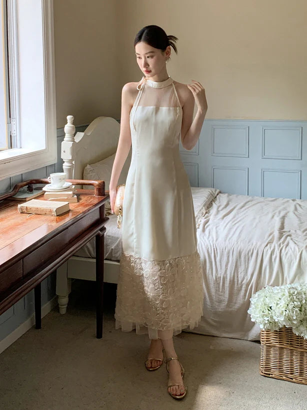 Moonlight Petal Lace Halter Dress