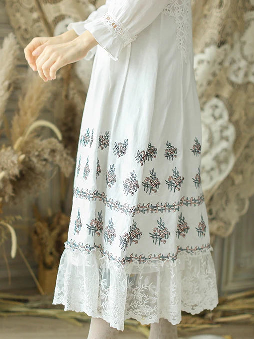 Victorian Floral Embroidered White Dress