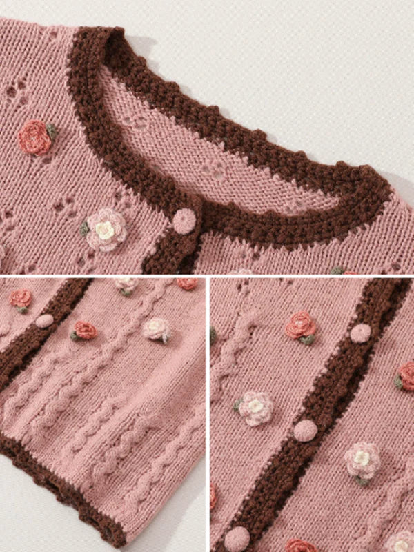 Vintage Floral Wave Wool Knit Cardigan　