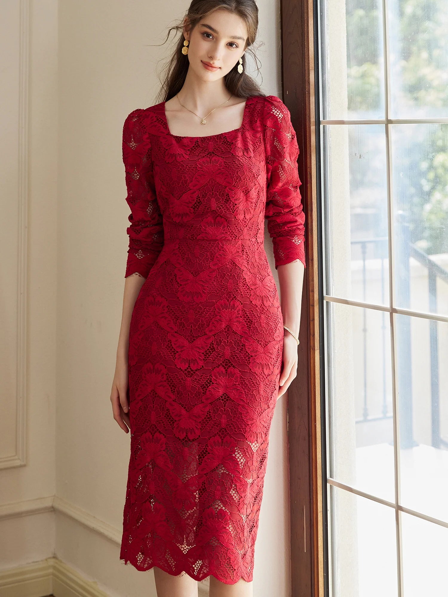 Scarlet Elegance Lace Midi Dress