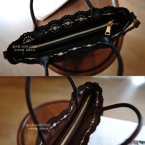 Scalloped Edge Genuine Leather Tote Bag