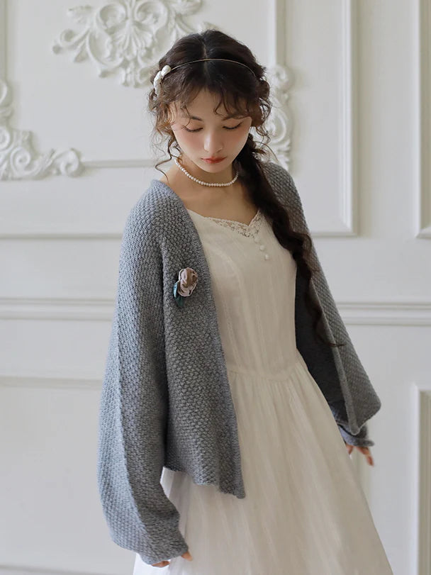 Floral Brooch Wool Blend Knit Cardigan