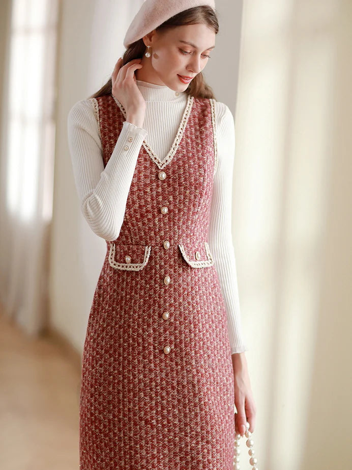 Elegant Red Tweed Pearl Button Dress