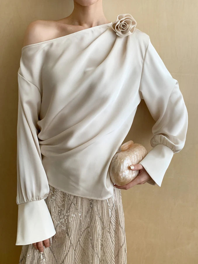 Off-Shoulder Flower Accent Blouse