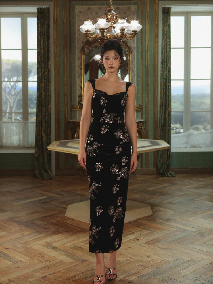 Black Velvet Sequin Floral Dress