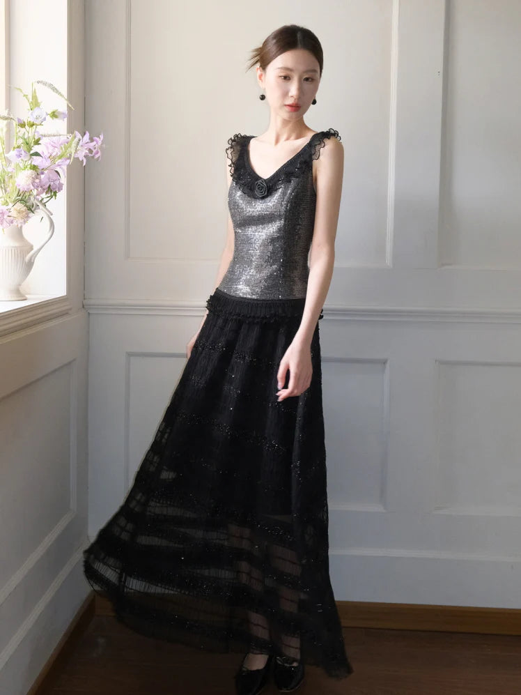 Midnight Rose Sequin Top & Glitter Mesh Skirt