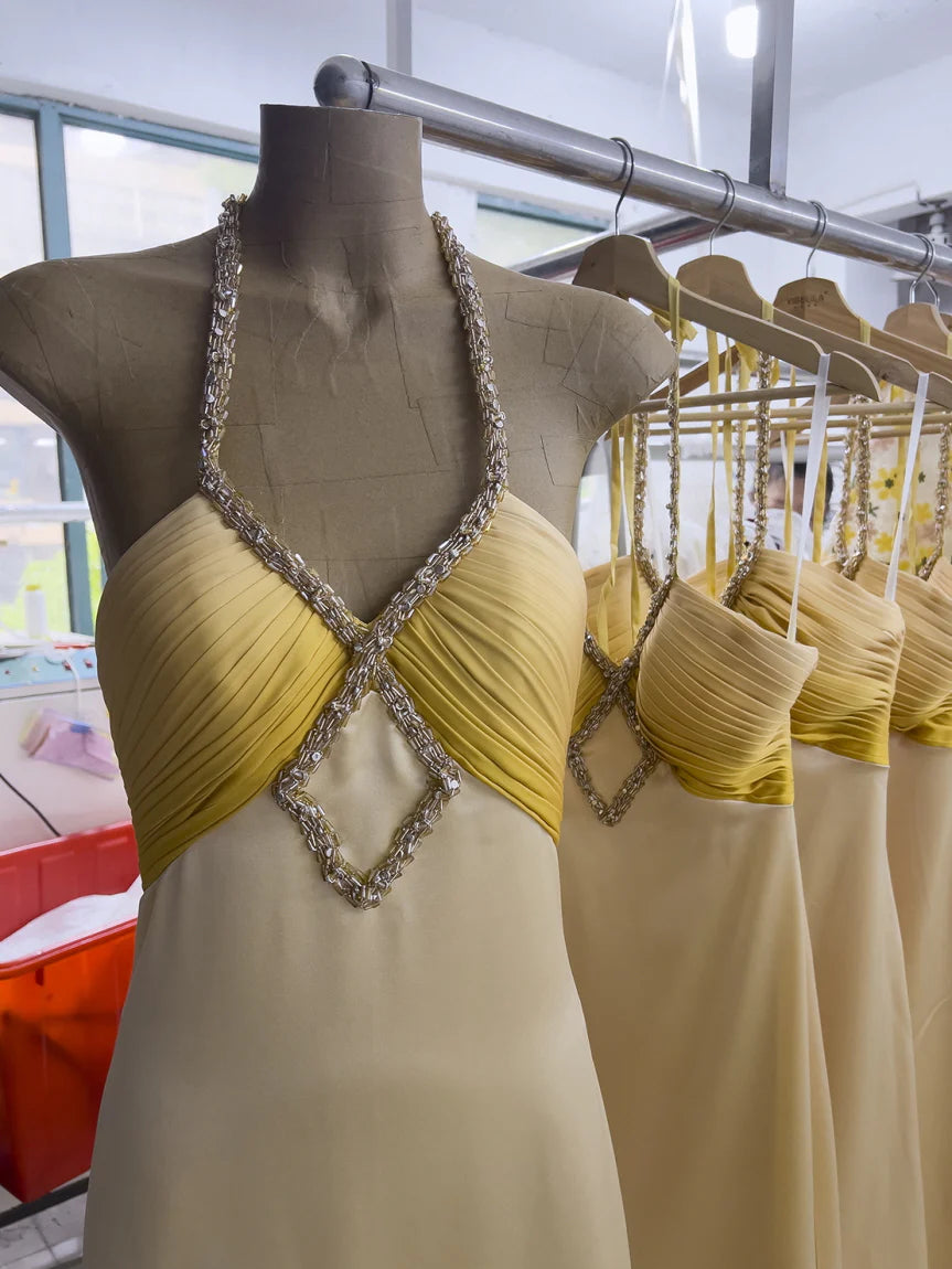 Golden Twilight Beaded Halter Dress