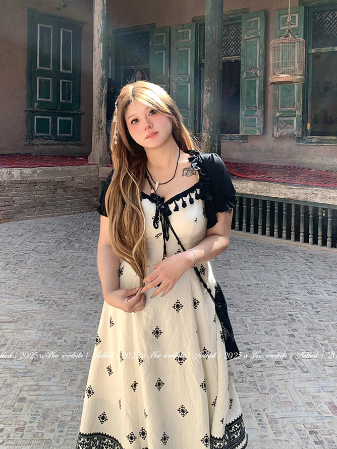 Black Tassel Embroidery Layered Dress