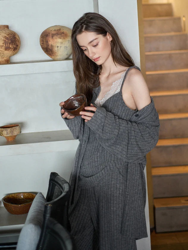 Gray Lace Trim Ribbed Pajama Set