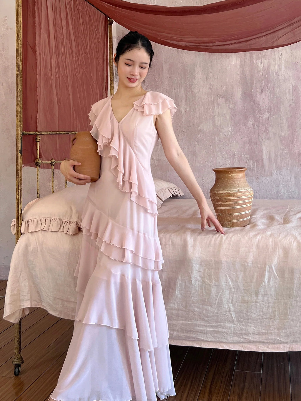 Graceful Pink Ruffle V-Neck Maxi Dress