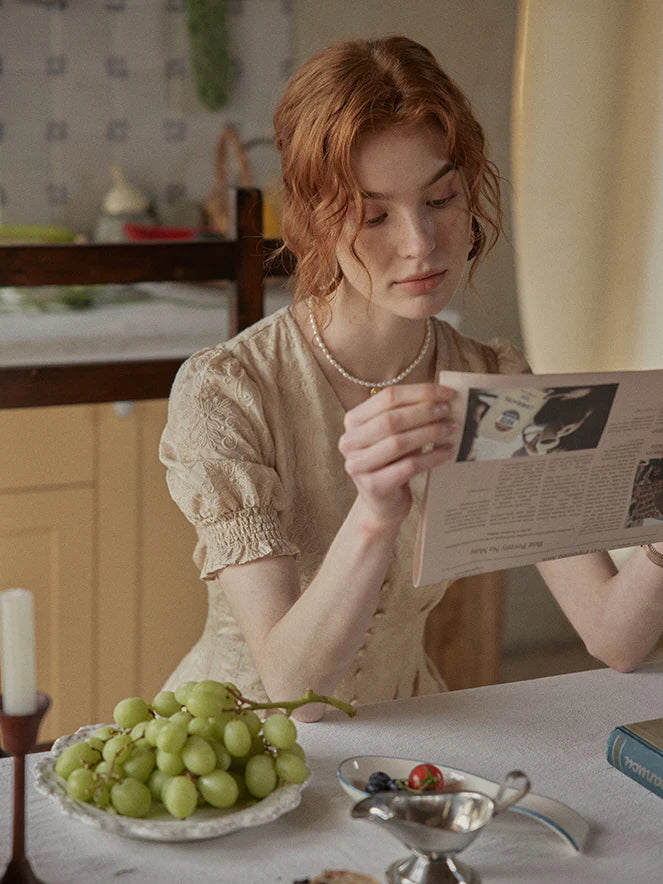 Vintage Lace Buttoned Puff Sleeve Dress