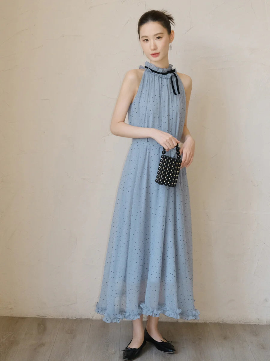 Blue Polka Dot Halter Maxi Dress