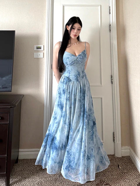 Moonlit Garden Blue Sheer Floral Dress