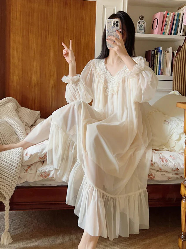 Ethereal Lace-Trim Ivory Nightgown
