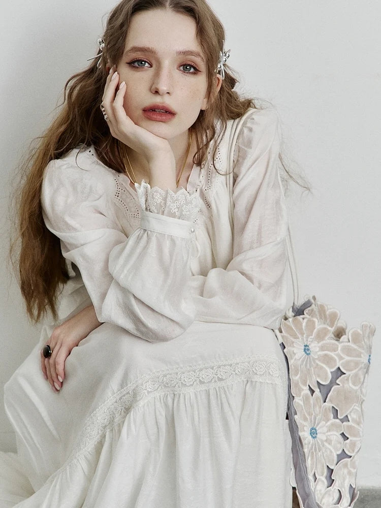 Ethereal Lace Trim Tiered Long Dress