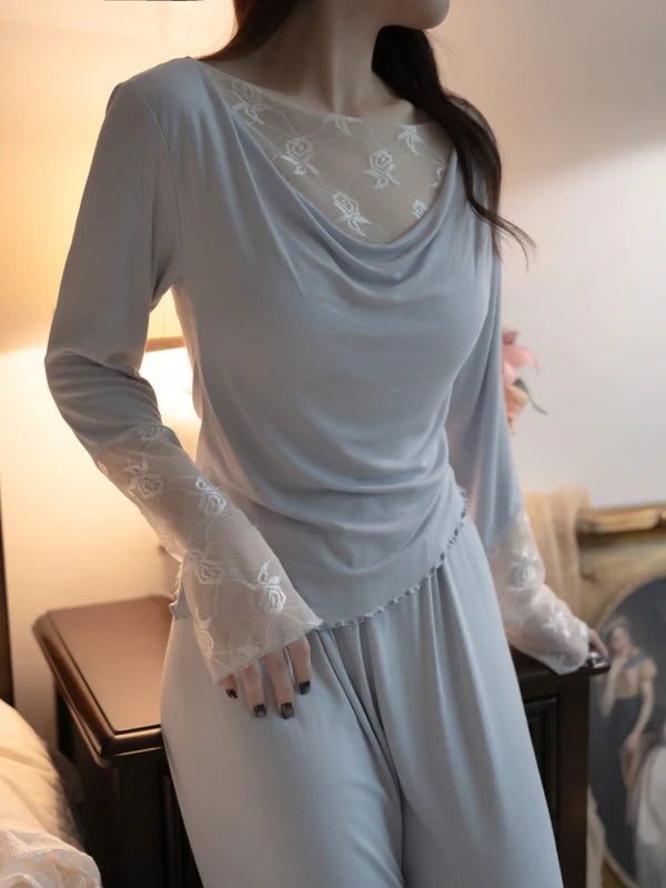 Blue Drape Rose Lace Loungewear