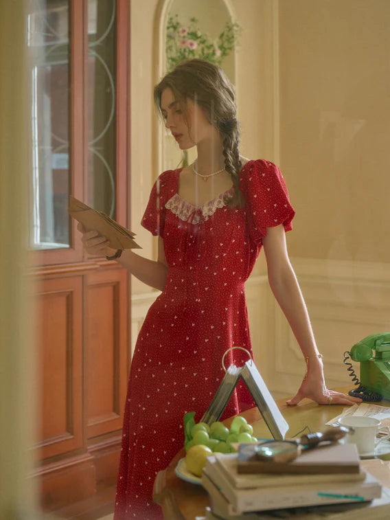 Lace Trim Retro Red Dress with Puff Sleeves