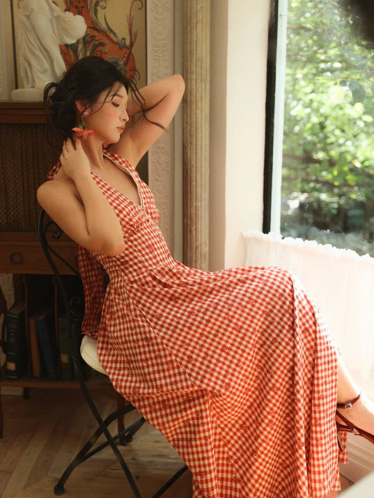 Romantic Gingham Red Check Halter Dress