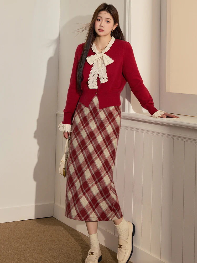 Ruby Plaid Wool Blend Skirt