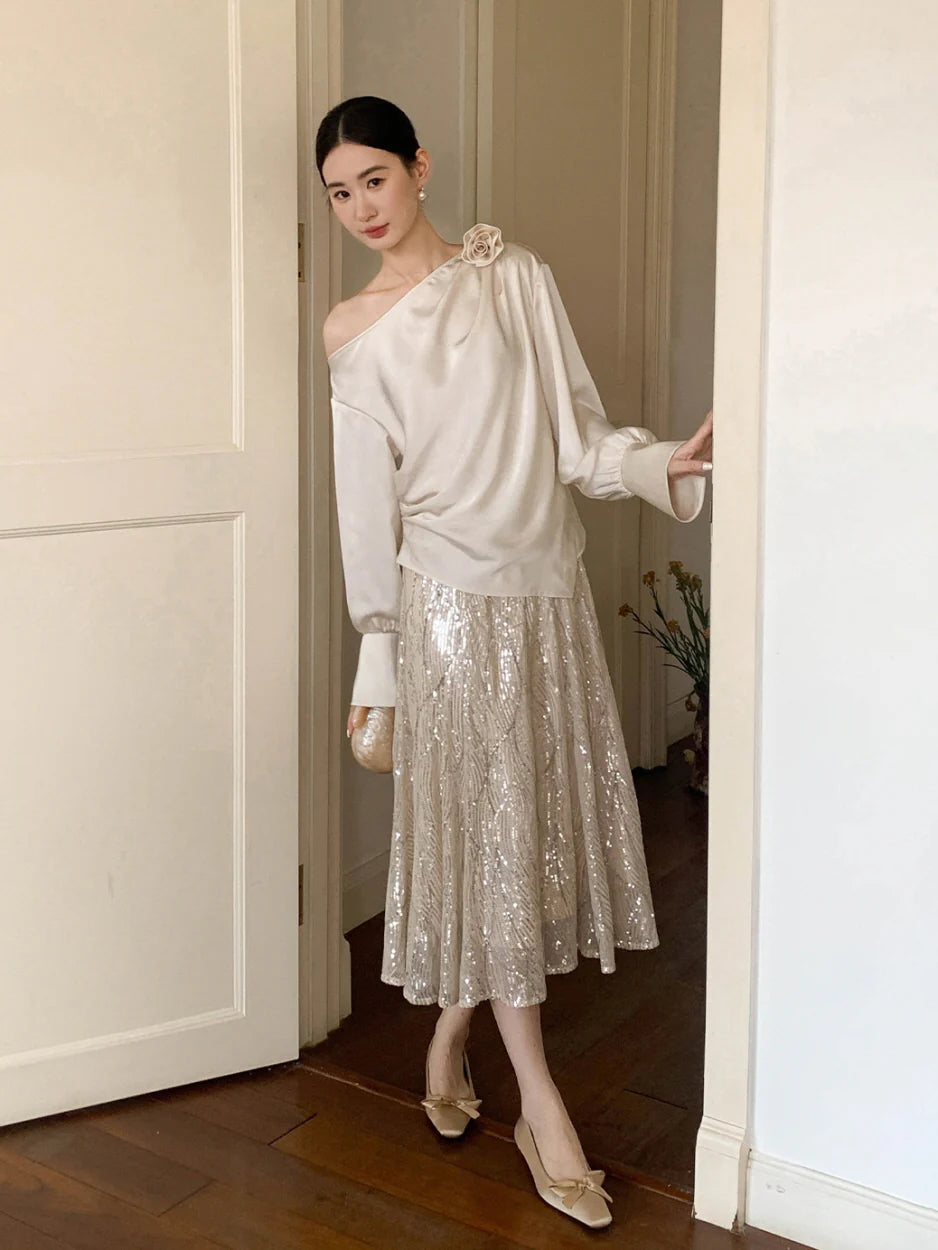 Champagne Sequin A-Line Skirt