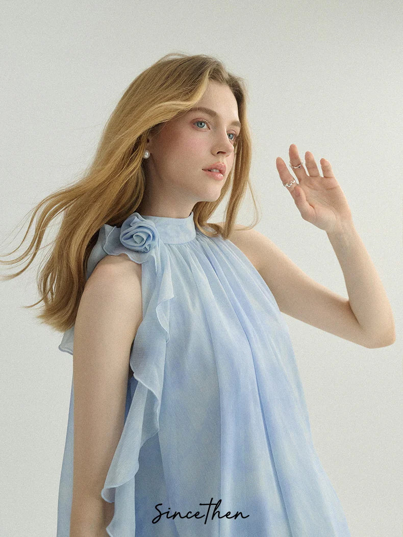 Ethereal Blue Ruffle Rose Halter Top