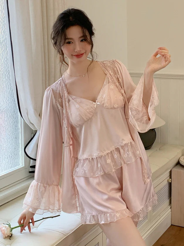 Blush Lace Layered 3-Piece Pajama Set