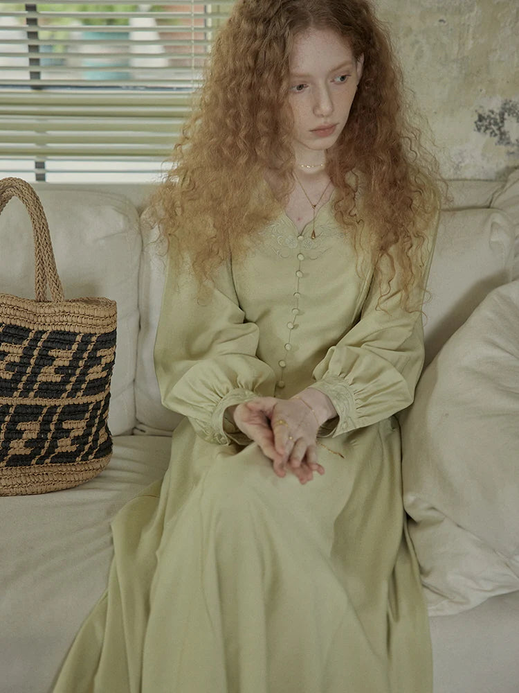Vintage-Inspired Embroidered Buttoned Dress
