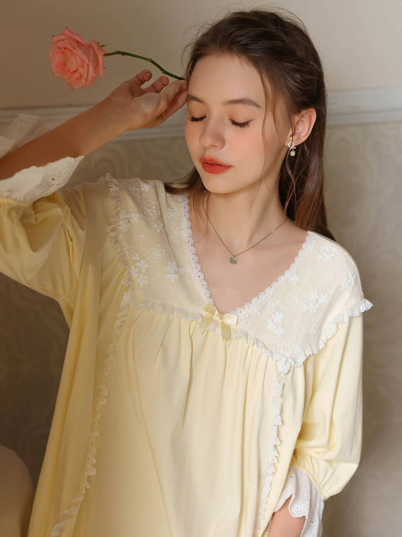 Floral Lace Trim Cotton Pajama Set