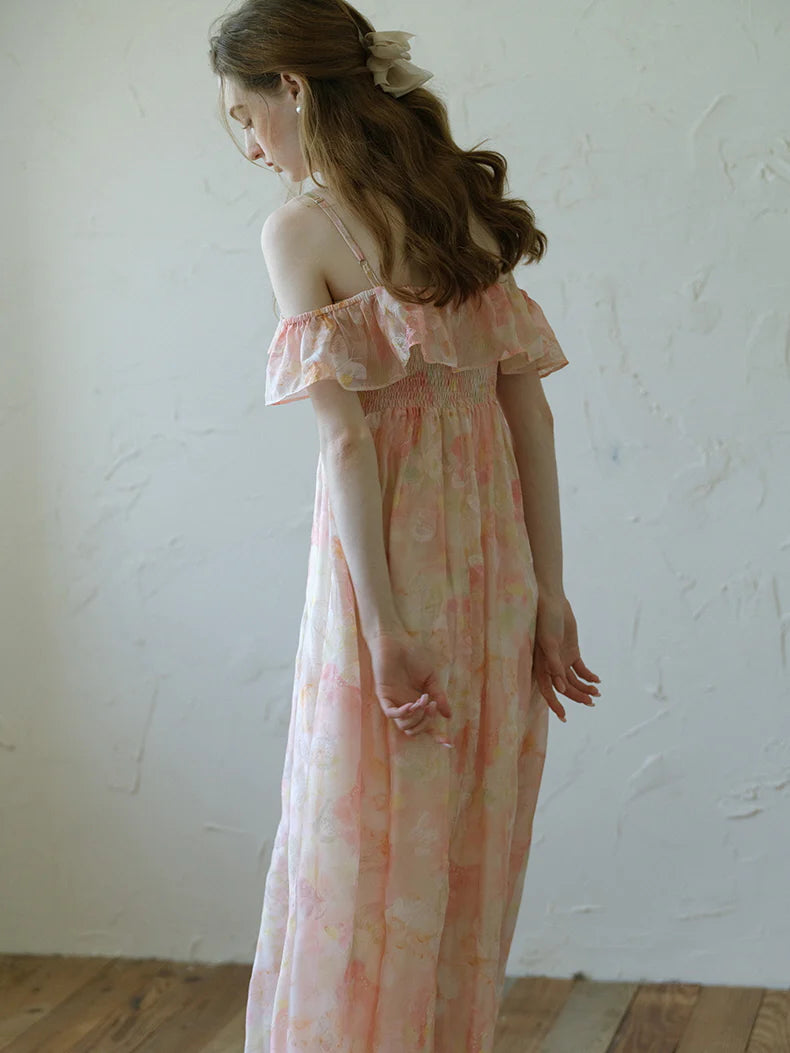 Peach Blossom Off-Shoulder Ruffle Dress