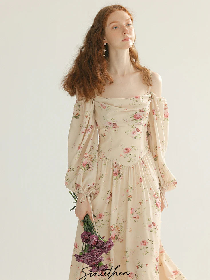 Vintage Rose Garden Off-Shoulder Dress
