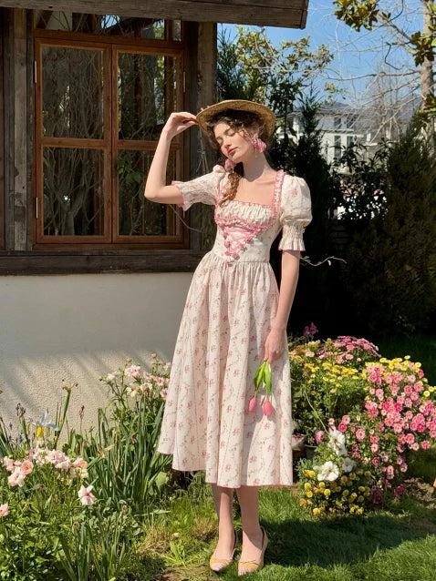 Strawberry Bloom Lace-Up Dress