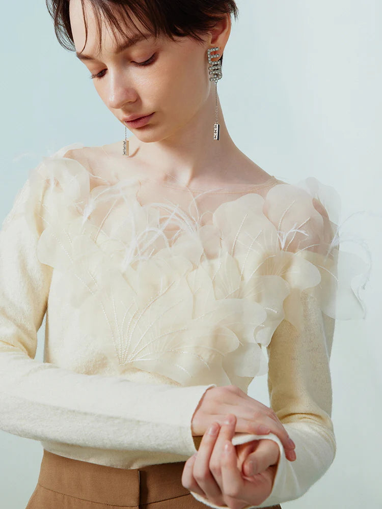 Elegant Floral Appliqué Knit Blouse