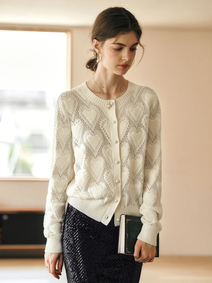 Heart Knit Pearl Button Cardigan