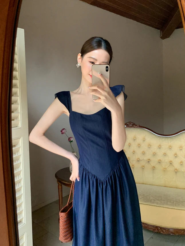 Navy Lace-Up Bodice Dress