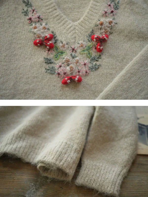 Elegant Floral Cashmere V-Neck Sweater