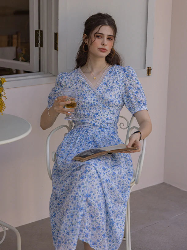 Whispering Blue Garden Floral Dress