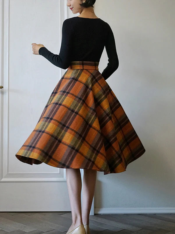 Vintage Autumn Wool Plaid Skirt