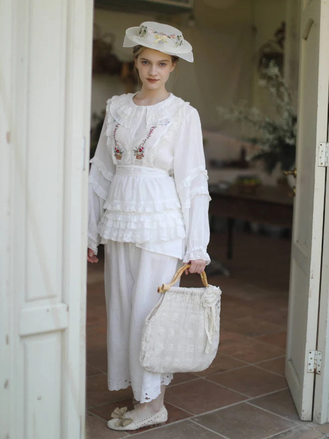 Flower Basket Embroidery Linen Blouse