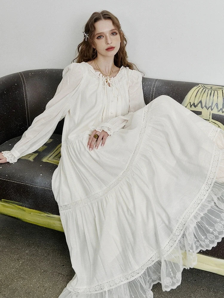 Ethereal Lace Trim Tiered Long Dress