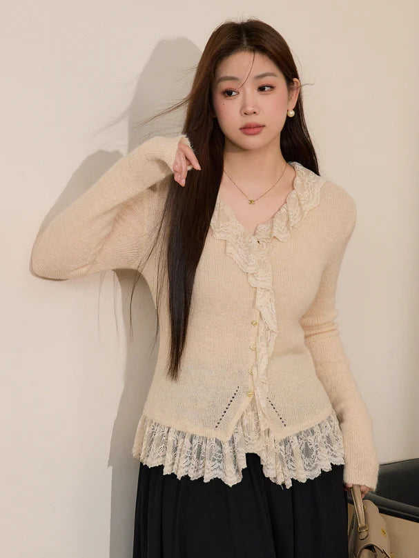 Ivory Lace Trim Wool Blend Cardigan