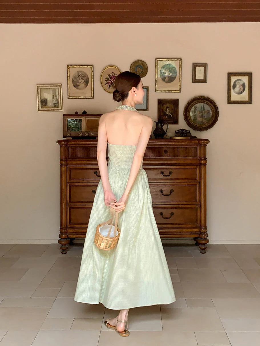 Romantic Green Gingham Halter Dress