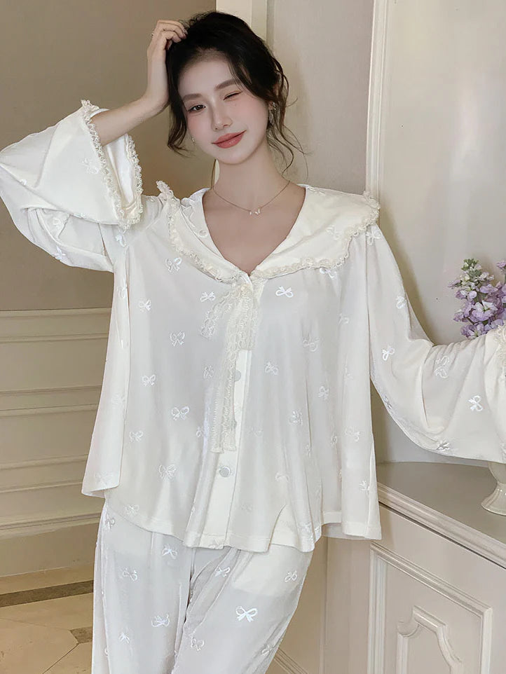 Whimsical Bow Lace Trim Loungewear Set