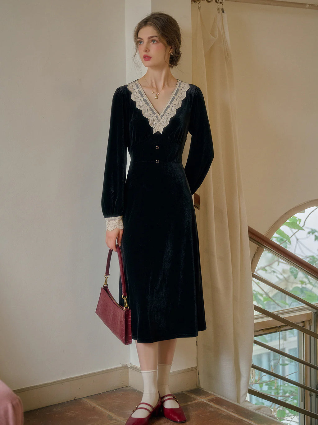 Lace Trim Vintage Velvet Elegance Dress