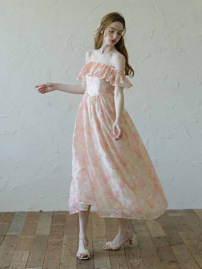Peach Blossom Off-Shoulder Ruffle Dress
